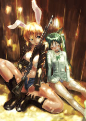 Rule 34 | 2girls, animal ears, blue eyes, boots, browning automatic rifle, bullet, cat ears, charlotte e. yeager, francesca lucchini, gun, highres, long hair, multiple girls, orange hair, panties, rabbit ears, rabbit girl, rifle, strike witches, striped clothes, striped panties, twintails, under-siege, underwear, weapon, world witches series