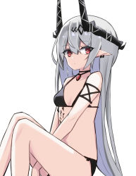Rule 34 | 1girl, :&lt;, arknights, bare shoulders, between legs, bikini, black bikini, breasts, bright pupils, closed mouth, earrings, feet out of frame, grey hair, hair ornament, hand between legs, highres, horns, jewelry, knees up, long hair, looking at viewer, material growth, mudrock (arknights), necklace, oripathy lesion (arknights), pointy ears, red eyes, simple background, sitting, small breasts, solo, swimsuit, touko (toko12 tooko), very long hair, white background