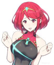 Rule 34 | 1girl, absurdres, bare arms, bare shoulders, black one-piece swimsuit, blush, breasts, collarbone, competition swimsuit, female focus, highres, large breasts, looking at viewer, matching hair/eyes, nintendo, official alternate costume, one-piece swimsuit, open mouth, phiphi-au-thon, pyra (pro swimmer) (xenoblade), pyra (xenoblade), red eyes, red hair, red one-piece swimsuit, simple background, solo, swimsuit, tiara, upper body, white background, xenoblade chronicles (series), xenoblade chronicles 2