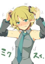 Rule 34 | 1girl, alternate costume, alternate hair length, alternate hairstyle, armpits, arms up, bad id, bad pixiv id, bare shoulders, blonde hair, blush, cosplay, delorean (hasabe yu2), detached sleeves, female focus, green eyes, hair ornament, hasebe yuusaku, hatsune miku, hatsune miku (cosplay), mizuhashi parsee, necktie, pointy ears, shirt, short hair, solo, sweat, touhou, trembling, twintails, vocaloid