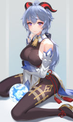 Rule 34 | 1girl, ahoge, bell, blue hair, blush, bodystocking, breasts, chinese clothes, closed mouth, curled horns, detached collar, detached sleeves, ganyu (genshin impact), genshin impact, goat horns, highres, horns, kfr, large breasts, long hair, neck bell, pelvic curtain, purple eyes, sitting, smile, solo, tassel, very long hair, wariza