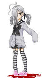 Rule 34 | 1girl, abe kanari, antenna hair, backpack, bag, black skirt, blood on ground, blouse, bow, bowtie, buttons, cardigan, full body, garter belt, garter straps, green eyes, grey hair, grey shirt, hair ornament, hair over one eye, hairclip, hairpin, long hair, long sleeves, looking at viewer, low-tied long hair, original, pink footwear, school uniform, serafuku, shirt, shoes, skirt, sleeves past wrists, solo, striped clothes, striped thighhighs, thighhighs, twintails, white background