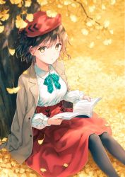 Rule 34 | 1girl, against tree, aqua ribbon, autumn leaves, beret, black pantyhose, black ribbon, book, breasts, brown eyes, brown hair, falling leaves, from above, ginkgo leaf, hat, hat ribbon, high-waist skirt, highres, hiten (hitenkei), holding, holding book, jacket, jacket on shoulders, leaf, long sleeves, looking at viewer, looking up, medium breasts, medium skirt, neck ribbon, open book, open clothes, open jacket, original, pantyhose, parted lips, plaid, plaid neckwear, plaid ribbon, red hat, red skirt, ribbon, short hair, skirt, solo, tree