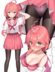 Rule 34 | 1girl, @ @, ahoge, alternate costume, bare shoulders, black pantyhose, blush, bow, bra, breasts, collarbone, crotch seam, embarrassed, green eyes, hair bow, highres, hololive, k mugura, low twintails, lower teeth only, medium breasts, nose blush, panties, pantyhose, pantyshot, pink bra, pink hair, pink panties, pink skirt, pleated skirt, sakura miko, school uniform, serafuku, simple background, skirt, smile, solo, teeth, translated, triangle mouth, twintails, underwear, upper body, v-shaped eyebrows, virtual youtuber, white background