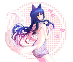 Rule 34 | 1girl, :p, ahri (league of legends), animal ears, ass, back, backless dress, backless outfit, bare back, bare shoulders, blue hair, blush, breasts, butt crack, cowboy shot, dress, facial mark, female focus, fox ears, fox tail, from behind, grey dress, grey sweater, hair between eyes, halterneck, hands up, heart, highres, league of legends, legs apart, long hair, looking at viewer, looking back, medium breasts, meme attire, naked sweater, no bra, no panties, purple hair, ribbed sweater, savi (byakushimc), sideboob, smile, solo, sweater, sweater dress, tail, tongue, tongue out, turtleneck, turtleneck sweater, virgin killer sweater, whisker markings, yellow eyes