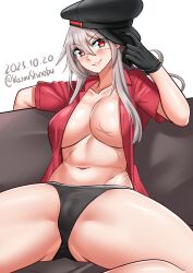 Rule 34 | 1girl, absurdres, black gloves, black hat, black panties, breasts, commentary request, couch, dated, facial scar, gangut (kancolle), gloves, grey hair, hat, highres, kantai collection, katou shinobu, large breasts, long hair, navel, one-hour drawing challenge, open clothes, open shirt, panties, peaked cap, red eyes, red shirt, scar, scar on breast, scar on cheek, scar on face, shirt, short sleeves, solo, twitter username, underwear