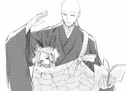 Rule 34 | 1boy, 1other, aged down, bald, book, commentary request, curious, greyscale, hand up, height difference, highres, holding, holding book, houseki no kuni, japanese clothes, kesa, kimono, kongou sensei, lililin, looking at another, looking at viewer, looking down, monk, monochrome, one eye closed, open book, peeking out, phosphophyllite, robe, shared clothes, short hair, shy, signature, simple background, upper body