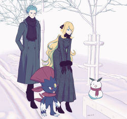 Rule 34 | 1boy, 1girl, alternate costume, amenboaoina, bad id, bad pixiv id, bare tree, bench, black footwear, black gloves, blonde hair, blue eyes, breath, buttons, coat, commentary request, creatures (company), cynthia (pokemon), cyrus (pokemon), eyelashes, fur-trimmed coat, fur trim, game freak, gen 4 pokemon, gloves, hair ornament, high heels, highres, long hair, long sleeves, nintendo, open mouth, outdoors, pokemon, pokemon (creature), pokemon dppt, scarf, short hair, smile, snow sculpture, spiked hair, standing, tree, weavile