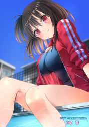 Rule 34 | 1girl, absurdres, artist name, black hair, blue one-piece swimsuit, blue sky, blush, breasts, closed mouth, commentary request, day, hair between eyes, highres, jacket, large breasts, looking at viewer, medium hair, natsushima memo, one-piece swimsuit, one side up, open clothes, open jacket, original, outdoors, pool, red eyes, red jacket, school swimsuit, sitting, sky, smile, soaking feet, solo, swimsuit, swimsuit under clothes, unzipped