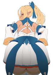 Rule 34 | 1girl, ass, ass focus, blonde hair, blue ribbon, blush, breasts, dark-skinned female, dark skin, dress, hololive, huge ass, large breasts, looking back, nuezou, pointy ears, ponytail, red eyes, ribbon, shiranui flare, shiranui flare (1st costume), simple background, solo, thighhighs, virtual youtuber, white background, white dress