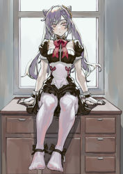 Rule 34 | 1girl, absurdres, alternate costume, apron, black skirt, bow, breasts, cone hair bun, desk, detached collar, enmaided, fingerless gloves, full body, genshin impact, gloves, hair bun, hair ears, hair ornament, highres, keqing (genshin impact), long hair, looking at viewer, maid, maid apron, medium breasts, on desk, orange eyes, pantyhose, purple hair, red bow, red ribbon, renxzd, ribbon, sitting, on desk, skirt, solo, toes, twintails, white pantyhose, window, wrist cuffs