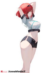 1girl absurdres breasts crop_top highres large_breasts medium_hair midriff minusk9 pyra_(xenoblade) red_hair short_shorts short_sleeves shorts solo stomach white_background xenoblade_chronicles_(series) xenoblade_chronicles_2