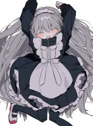 Rule 34 | 1girl, absurdres, ameno (motiizamurai), apron, arms up, black dress, black thighhighs, blush, closed eyes, dress, facing viewer, flustered, foot out of frame, frilled apron, frilled dress, frills, grey hair, highres, jumping, long hair, long sleeves, maid, maid apron, maid headdress, open mouth, original, shoes, simple background, solo, sweat, sweatdrop, thighhighs, uwabaki, very long hair, white apron, white background, white footwear, zipper, zipper pull tab