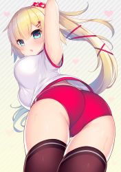 Rule 34 | 1girl, :o, akai haato, arms up, ass, black thighhighs, blonde hair, blue eyes, blush, breasts, buruma, gym uniform, hair ornament, hairclip, heart, heart-shaped pupils, heart hair ornament, highres, hololive, large breasts, long hair, looking at viewer, open mouth, ponytail, ribbon, solo, striped, striped background, sweat, symbol-shaped pupils, thighhighs, virtual youtuber, yoshiheihe