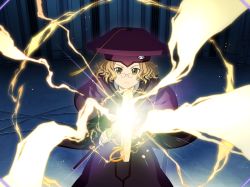 Rule 34 | 1girl, brown eyes, capelet, cardinal (sao), closed mouth, dress, electricity, electrokinesis, frown, game cg, glasses, hat, holding, holding staff, indoors, light brown hair, looking at viewer, medium hair, purple capelet, purple dress, purple hat, solo, staff, standing, sword art online, sword art online: alicization rising steel