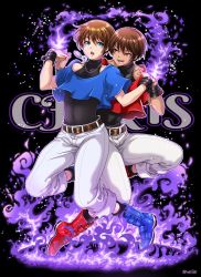 Rule 34 | 2boys, blue eyes, brown hair, chain necklace, character name, chris, covered navel, dual persona, fire, highres, male focus, miru (mill 36), multiple boys, necklace, orochi chris, pants, pyrokinesis, short hair, skin tight, sleeveless, sleeveless turtleneck, the king of fighters, turtleneck, white pants