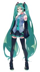 Rule 34 | 1girl, absurdres, aqua eyes, aqua hair, aqua nails, aqua necktie, bare shoulders, black footwear, black skirt, boots, breasts, closed mouth, collared shirt, derivative work, detached sleeves, fingernails, full body, grey shirt, hair between eyes, hatsune miku, headset, highres, legs apart, long hair, long sleeves, miniskirt, motu0505, nail polish, necktie, number tattoo, pleated skirt, shirt, simple background, skirt, sleeveless, sleeveless shirt, small breasts, smile, solo, standing, tattoo, thigh boots, thighhighs, twintails, very long hair, vocaloid, vocaloid boxart pose, white background, zettai ryouiki
