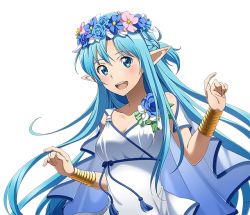Rule 34 | 1girl, :d, asuna (sao), asuna (sao-alo), blue eyes, blue flower, blue hair, bracelet, breasts, cape, cleavage, collarbone, floating hair, flower, hair flower, hair ornament, head wreath, jewelry, medium breasts, open mouth, pink flower, pointy ears, purple eyes, shirt, sleeveless, smile, solo, standing, sword art online, transparent background, upper body, white flower, white shirt