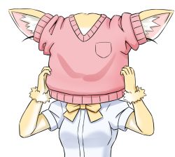 Rule 34 | 10s, 1girl, animal ears, bad id, bad pixiv id, bow, bowtie, commentary request, dressing, elbow gloves, failure, fennec (kemono friends), fox ears, fur trim, gloves, kemono friends, pink sweater, shirt, short-sleeved sweater, short sleeves, solo, sweater, takatsuki nao, white shirt, yellow bow, yellow bowtie
