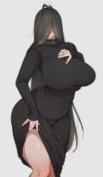 Rule 34 | 1girl, black dress, breasts, clothes lift, covered eyes, cowboy shot, dress, dress lift, grey background, hair over eyes, hand up, highres, huge breasts, long dress, long hair, long sleeves, messy hair, muroku (aimichiyo0526), original, parted lips, simple background, solo, symbol-only commentary, very long hair