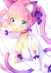 Rule 34 | 1girl, :p, animal ears, blue eyes, blush, breasts, cat ears, cat tail, choker, cleavage, dutch angle, highres, looking at viewer, medium breasts, original, purple hair, purple ribbon, ribbon, solo, tail, tongue, tongue out, twintails, white background, zizi (zz22)