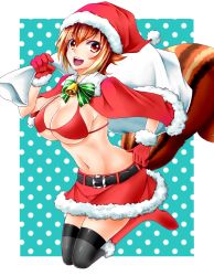 Rule 34 | 1girl, bell, belt, bikini, bikini top only, blazblue, bow, breasts, brown hair, carrying over shoulder, christmas, chukachuka, cleavage, fur trim, gloves, green bow, hand on own hip, hat, highres, large breasts, looking at viewer, makoto nanaya, miniskirt, monster girl, multicolored hair, open mouth, orange eyes, red bikini, red footwear, red gloves, red skirt, sack, santa costume, santa hat, short hair, skirt, smile, solo, squirrel tail, swimsuit, tail, thighhighs, two-tone hair