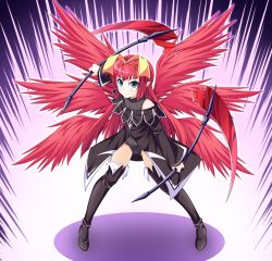 Rule 34 | 1girl, aqua eyes, bare shoulders, black coat, black footwear, blunt bangs, boots, bow, coat, dual wielding, full body, hair bow, hairband, holding, holding scythe, holding weapon, kyuutou (kyuutouryuu), long hair, long sleeves, looking at viewer, multiple wings, original, pointy ears, red hair, red wings, scythe, seraph, shadow, sidelocks, smile, solo, stance, standing, thigh boots, thighhighs, weapon, wings, yellow bow, yellow hairband