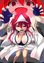 Rule 34 | 1girl, ahoge, another kung fu girl, arms up, blue gloves, blush, breasts, cleavage, collarbone, commentary request, dai fuku, dougi, fingerless gloves, ghost, gloves, hair ornament, hair ribbon, highres, large breasts, long hair, m.u.g.e.n, multiple views, open mouth, red eyes, red hair, ribbon, sash, standing, teeth, triangular headpiece, upper teeth only, white sash, yellow ribbon