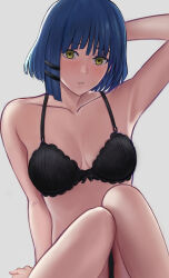 Rule 34 | 1girl, arm up, armpits, black bra, black panties, blue hair, blush, bocchi the rock!, bra, breasts, cleavage, collarbone, commentary, english commentary, feet out of frame, grey background, gyunzai, hair ornament, hairclip, highres, looking at viewer, medium breasts, mole, mole under eye, panties, parted lips, short hair, simple background, sitting, solo, underwear, underwear only, yamada ryo, yellow eyes