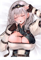 Rule 34 | 1girl, absurdres, bed sheet, blush, braid, breasts, cleavage, closed eyes, fingerless gloves, gloves, grey hair, highres, hololive, large breasts, long sleeves, looking at viewer, lying, mole, mole on breast, on back, open mouth, puffy sleeves, scan, shirogane noel, shirogane noel (1st costume), short hair, simple background, tiara, upper body, virtual youtuber, watao