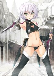 Rule 34 | 1girl, armpits, bandages, black panties, black thighhighs, breasts, cleavage, cleavage cutout, clothing cutout, dual wielding, fate/apocrypha, fate/grand order, fate (series), holding, holding knife, jack the ripper (fate/apocrypha), knife, konoe ototsugu, looking at viewer, lowleg, lowleg panties, navel, no pants, open mouth, outdoors, panties, resized, scar, short hair, silver hair, small breasts, solo, thighhighs, underwear, upscaled, waifu2x, yellow eyes