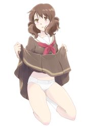 Rule 34 | 10s, 1girl, blush, brown eyes, brown hair, clothes lift, hibike! euphonium, holding, holding clothes, holding skirt, lifted by self, looking away, matching hair/eyes, neckerchief, open mouth, oumae kumiko, panties, pleated skirt, red neckerchief, sailor, scarf, school uniform, serafuku, short hair, skirt, skirt lift, solo, takahashi mugi, thighs, underwear, white background, white legwear, white panties