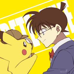 Rule 34 | 1boy, black-framed eyewear, blazer, blue eyes, blue jacket, bow, bowtie, brown hair, child, closed mouth, clothed pokemon, collared shirt, creatures (company), crossover, detective pikachu, detective pikachu (character), detective pikachu (movie), edogawa conan, english text, eye contact, from side, game freak, gen 1 pokemon, glasses, grey headwear, hat, highres, holding, holding magnifying glass, jacket, looking at another, magnifying glass, male focus, meitantei conan, niina 1oo9, nintendo, pikachu, pokemon, pokemon (creature), profile, red bow, red neckwear, shirt, short hair, signature, smile, trait connection, upper body, white shirt, yellow background