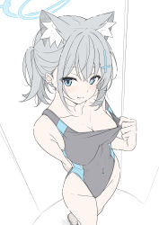 Rule 34 | 1girl, animal ear fluff, animal ears, black one-piece swimsuit, blue archive, blue eyes, blue halo, breasts, bright pupils, cleavage, closed mouth, commentary, competition swimsuit, covered navel, cross hair ornament, grey hair, hair ornament, halo, highres, looking at viewer, masabodo, medium breasts, mismatched pupils, official alternate costume, one-piece swimsuit, shiroko (blue archive), shiroko (swimsuit) (blue archive), short hair, smile, solo, standing, swimsuit, thighs, white pupils