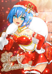 Rule 34 | 10s, 1girl, adapted costume, alternate color, bare shoulders, blue eyes, blue hair, brick wall, christmas, english text, fortissimo, hair ornament, hairclip, hand on own hip, hat, magical girl, mahou shoujo madoka magica, mahou shoujo madoka magica (anime), mahou shoujo madoka magica movie 1 &amp; 2, matching hair/eyes, merry christmas, miki sayaka, musical note, musical note hair ornament, open mouth, sack, santa costume, santa hat, short hair, snow, solo, yamasan (hachiman)