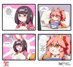 Rule 34 | ..., 2girls, animal ear fluff, animal ears, animal hands, bare shoulders, bell, black hair, breasts, brown hair, cat paws, chips (food), cleavage, cloak, collar, collarbone, detached sleeves, double fox shadow puppet, eating, english text, engrish text, fang, fate/grand order, fate (series), food, fox ears, fox girl, fox shadow puppet, fox tail, glasses, gloves, hair ribbon, hairband, highres, hood, hooded cloak, hoodie, japanese clothes, jingle bell, keita naruzawa, kimono, large breasts, long hair, mini person, minigirl, multiple girls, neck bell, one eye closed, open mouth, origami, osakabehime (fate), osakabehime (foxy lady) (fate), paw gloves, paw shoes, pink cloak, ponytail, purple eyes, ranguage, red kimono, red ribbon, ribbon, shoes, sitting, speech bubble, surprised, tail, tamamo (fate), tamamo cat (fate), very long hair, yellow eyes