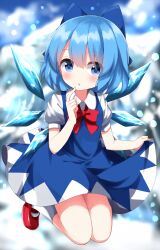 Rule 34 | 1girl, blue bow, blue dress, blue eyes, blue hair, blush, bow, cirno, collared shirt, detached wings, dress, fairy, full body, hair between eyes, hair bow, highres, ice, ice wings, looking at viewer, parted lips, pinafore dress, puffy short sleeves, puffy sleeves, red footwear, ruu (tksymkw), shirt, shoes, short hair, short sleeves, sleeveless, sleeveless dress, socks, solo, touhou, white shirt, white socks, wings