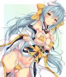 Rule 34 | 1girl, aqua hair, bikini, blush, bow, breasts, closed mouth, fate/grand order, fate (series), fukuda shuushi, hair bow, highres, horns, japanese clothes, kimono, kiyohime (fate), kiyohime (swimsuit lancer) (first ascension) (fate), long hair, looking at viewer, medium breasts, navel, smile, solo, standing, swimsuit, yellow bikini, yellow bow, yellow eyes