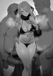 Rule 34 | 1girl, 2boys, absurdres, beard, bikini, black bikini, boy sandwich, breasts, cala t maki 72, censored, cleavage, creatures (company), cynthia (pokemon), dark-skinned male, dark skin, erection, faceless, faceless male, facial hair, female pubic hair, fur-trimmed sleeves, fur collar, fur trim, game freak, grabbing, grabbing another&#039;s breast, greyscale, group sex, hair ornament, hair over one eye, hand on another&#039;s hip, heavy breathing, highres, imminent gangbang, imminent penetration, large breasts, large penis, long hair, male pubic hair, micro bikini, mmf threesome, monochrome, mosaic censoring, multiple boys, nintendo, old, old man, parted lips, penis, pokemon, pokemon dppt, pubic hair, sandwiched, skindentation, stomach, sweat, swimsuit, threesome, undressing, very long hair