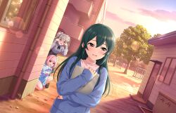 Rule 34 | 3girls, ahoge, blue hoodie, blue sweater, blush, building, cloud, day, door, drawstring, faucet, game cg, green hair, grey hair, hair between eyes, hair ribbon, hands up, holding, hood, hood down, hoodie, idolmaster, idolmaster cinderella girls, idolmaster cinderella girls starlight stage, kanzaki ranko, lens flare, long hair, long skirt, long sleeves, looking at viewer, multicolored hair, multiple girls, neck ribbon, official art, ohishi izumi, on one knee, open mouth, outdoors, peeking out, pink eyes, pink hair, railing, ribbon, shirt, skirt, sleeves past wrists, smile, star-shaped pupils, star (symbol), sweater, symbol-shaped pupils, thighs, tree, twintails, two-tone hair, window, yumemi riamu
