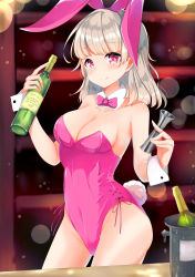Rule 34 | 1girl, absurdres, alcohol, animal ears, bare legs, bottle, bow, bowtie, breasts, champagne, cleavage, commentary request, cowboy shot, detached collar, fake animal ears, highres, leotard, looking at viewer, medium breasts, medium hair, original, pink bow, pink bowtie, pink leotard, playboy bunny, rabbit ears, rabbit tail, red eyes, shelf, silver hair, smile, solo, strapless, strapless leotard, tail, ushizawa hishime (artist), virtual youtuber, wrist cuffs