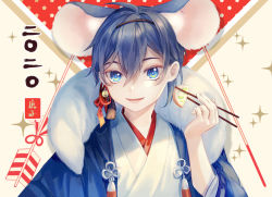 Rule 34 | 1boy, 2020, animal ear fluff, animal ears, arrow (projectile), beige background, blue eyes, blue hair, chinese zodiac, chopsticks, extra ears, food, hair between eyes, hamaya, haori, holding, holding chopsticks, japanese clothes, kemonomimi mode, kimono, looking at viewer, male focus, mikazuki munechika, mouse boy, mouse ears, mouse tail, new year, open mouth, sayagata, shichimi (ftlvampire32), solo, tail, tassel, touken ranbu, upper body, year of the rat