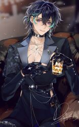 Rule 34 | 1girl, absurdres, alcohol, alternate costume, belt chain, belt collar, black gloves, black jacket, blue hair, blurry, blurry background, breasts, chinese commentary, cinnabar (path to nowhere), cleavage, collar, collarbone, commentary, couch, crossed bangs, cup, dated, doo58455, drinking glass, ear chain, earclip, earrings, gloves, hair between eyes, highres, holding, holding cup, ice, ice cube, jacket, jewelry, lapel chain, lapel pin, leaf print, light particles, looking at viewer, multicolored hair, necklace, partially fingerless gloves, path to nowhere, print jacket, purple eyes, sideways, signature, sitting, small breasts, smile, solo, star (symbol), star necklace, streaked hair, suit jacket, tassel, tassel earrings, upper body, watch, wristwatch