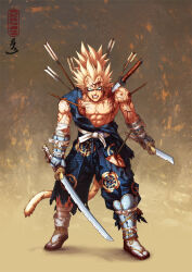 Rule 34 | 1boy, abs, alternate costume, armor, arrow in body, artist name, bandaged arm, bandaged leg, bandages, blonde hair, blood, blood from mouth, blood on face, blue pants, blue shirt, broken, broken arrow, broken sword, broken weapon, chipped sword, dragon ball, dragonball z, evil smile, furrowed brow, green eyes, guillem dauden, holding, holding sword, holding weapon, injury, japanese armor, japanese clothes, kote, majin vegeta, male focus, monkey tail, pants, pants tucked in, pectorals, samurai, sash, shirt, simple background, smile, solo, spiked hair, stab, suneate, super saiyan, super saiyan 2, sword, tabi, tail, topknot, torn clothes, torn pants, torn shirt, vegeta, veins, waraji, weapon, widow&#039;s peak