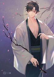 Rule 34 | 1boy, black hair, black kimono, branch, cherry blossoms, cowboy shot, curtained hair, flower, hand up, haori, highres, holding, holding branch, jacket, japanese clothes, kimono, looking to the side, male focus, open clothes, open jacket, pectoral cleavage, pectorals, pink flower, plunging neckline, purple background, purple eyes, quan zhi gao shou, ru (famia), sash, short hair, smile, solo, standing, white jacket