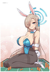 Rule 34 | 1girl, animal ears, arms behind back, asuna (blue archive), asuna (bunny) (blue archive), bare shoulders, black pantyhose, blue archive, blue eyes, blue leotard, blush, breasts, brown hair, cleavage, eyes visible through hair, fake animal ears, full body, gloves, gradient background, grin, hair over one eye, high heels, kneeling, large breasts, leotard, long hair, looking at viewer, pantyhose, pink background, rabbit ears, sitting, smile, solo, teeth, virus-g, wariza, white footwear, white gloves