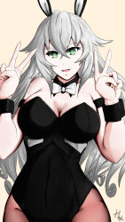 Rule 34 | 1girl, :d, absurdres, alternate costume, alternate eye color, animal ears, bare shoulders, black heart (neptunia), black leotard, breasts, cleavage, covered navel, detached collar, double v, fake animal ears, green eyes, hair between eyes, highres, large breasts, leotard, long hair, looking at viewer, neptune (series), noire (neptunia), open mouth, pantyhose, playboy bunny, power symbol, power symbol-shaped pupils, rabbit ears, silver hair, simple background, skin tight, smile, solo, symbol-shaped pupils, teeth, upper teeth only, v, wrist cuffs