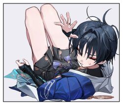 Rule 34 | 1boy, bishounen, black hair, eyeliner, from behind, full body, genshin impact, highres, japanese clothes, looking at viewer, lying, makeup, male focus, messy hair, on back, one eye closed, red eyeliner, scaramouche (genshin impact), short hair, shorts, simple background, solo, sweat, thighs, toria (toriaa 27), wanderer (genshin impact), white background