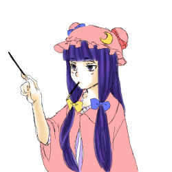 Rule 34 | 1girl, bad id, bad pixiv id, female focus, food, hat, holding, kao-ism, long hair, mouth hold, patchouli knowledge, pocky, purple hair, simple background, solo, touhou, utsuki (clown)