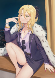 Rule 34 | 1girl, barefoot, blonde hair, bracelet, breasts, capelet, christina (princess connect!), christina (real) (princess connect!), cleavage, collarbone, commentary, eyewear hang, fur-trimmed capelet, fur trim, gem, hair between eyes, hair bun, highres, index finger raised, indoors, jewelry, kamota (kamotadm), knee up, looking at viewer, mature female, medium breasts, miniskirt, nail polish, necklace, night, office lady, parted bangs, parted lips, pencil skirt, pointing, pointing at self, princess connect!, red gemstone, red nails, sidelocks, single hair bun, sitting, skirt, smile, solo, sunglasses, unworn eyewear, yellow eyes